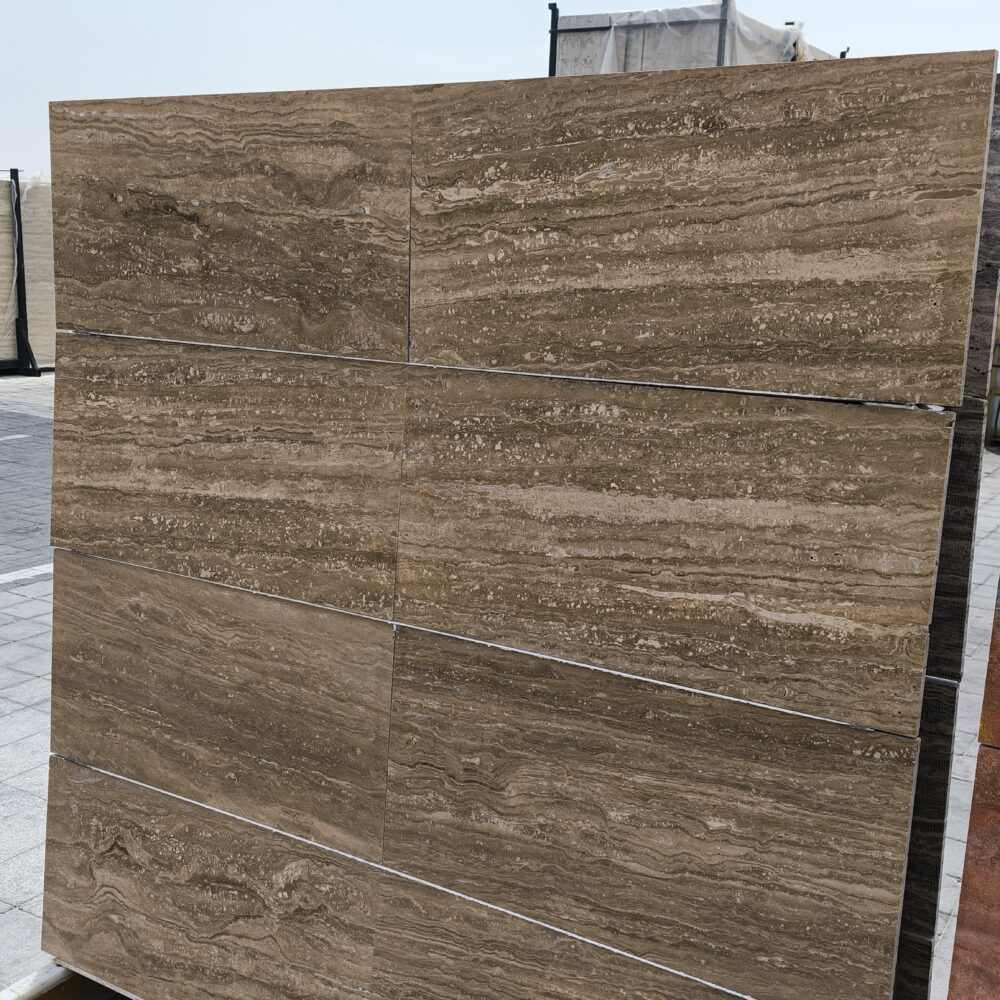 Travertine Notcha - Lazulite Marble High-quality Travertine Notcha slab displaying rich dark walnut, deep beige, and subtle chocolate tones with a natural porous texture.