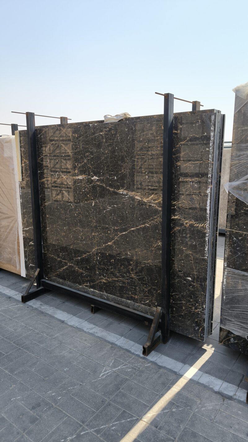 Golden Black Marble - Lazulite Marble High-quality Golden Black Marble slab displaying a deep black background with striking white lines and random golden flakes.